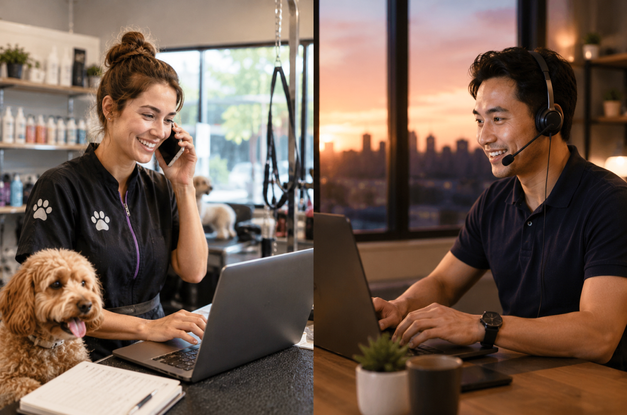 Pet grooming business owner receiving customer support